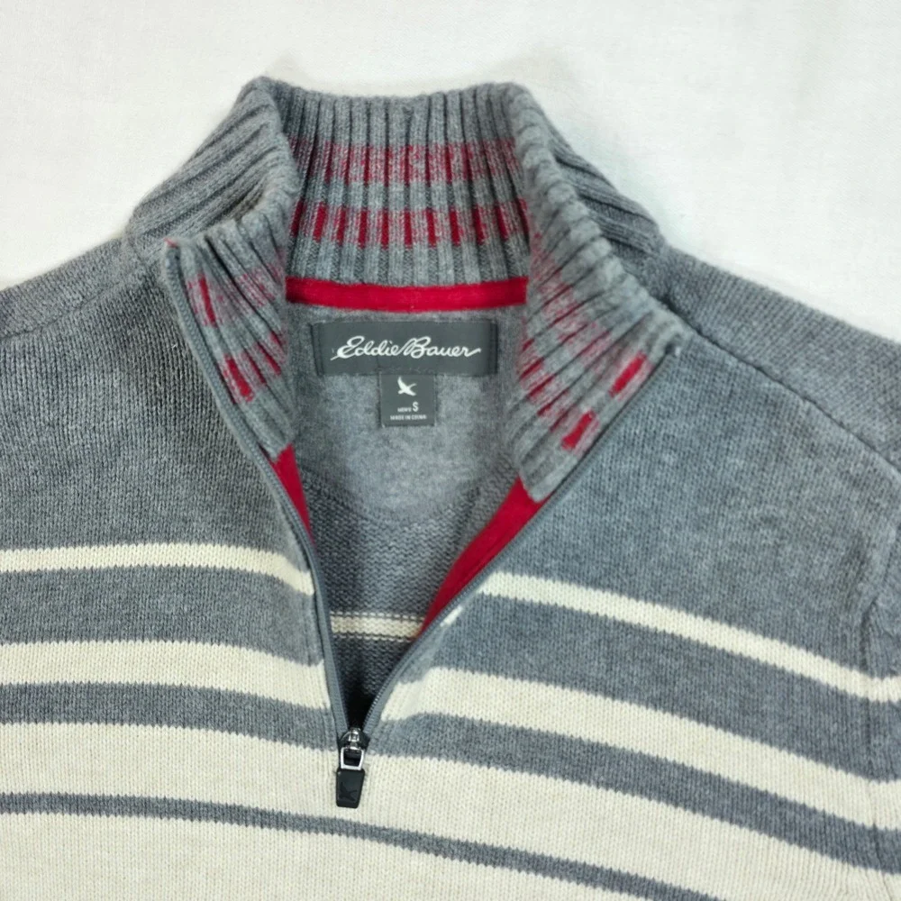 Eddie Bauer Mens Quarter Zip Sweater Small Grey Cream Striped 100% Cotton Knit